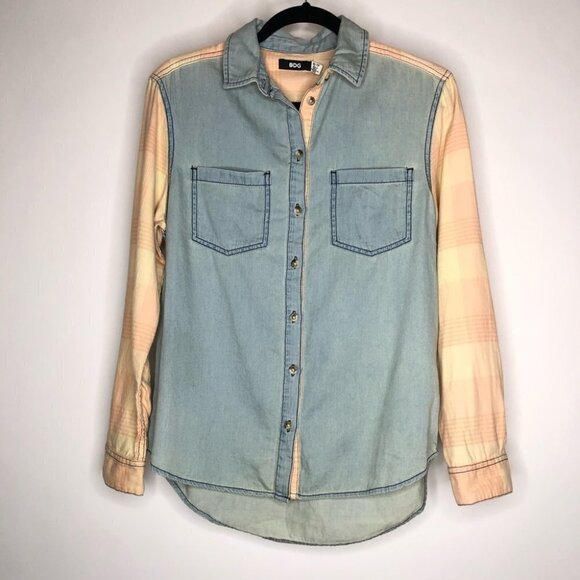 NEW BDG Frankie Chambray Plaid Peach Light Denim Flannel Button-up Western Shirt - Picture 2 of 15